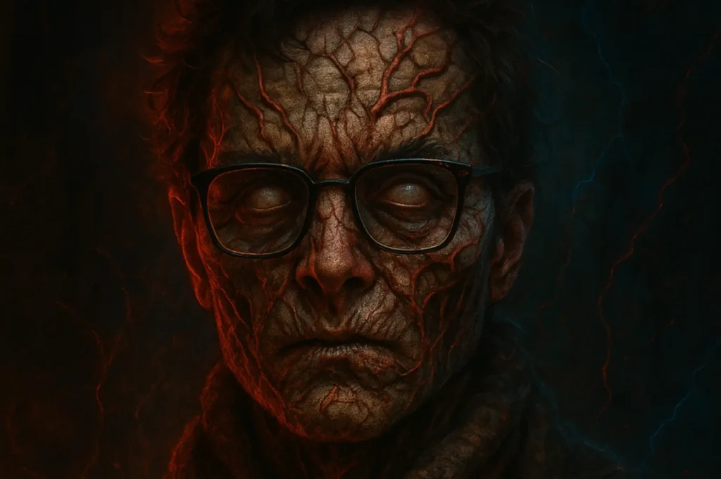 A hyperrealistic cinematic portrait styled after Stranger Things, showing a person with glowing red facial cracks and clouded white eyes against the Upside Down backdrop