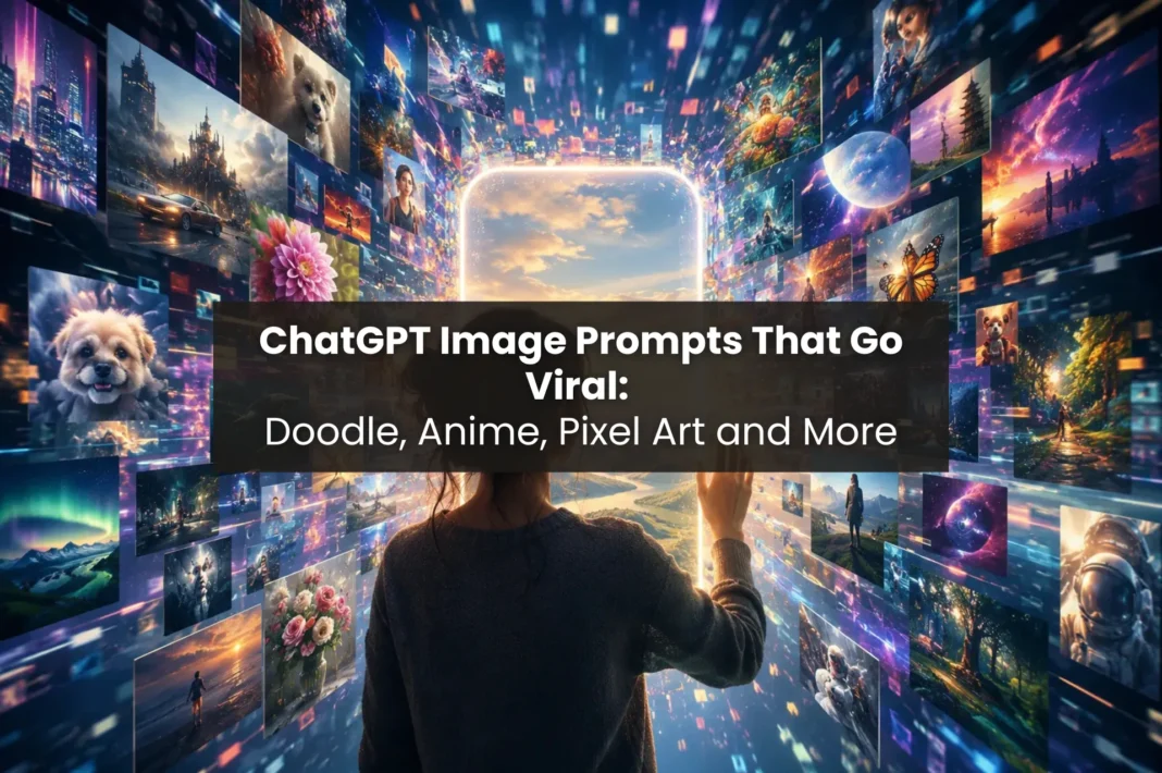 A person standing in front of a glowing portal surrounded by floating AI-generated images featuring fantasy landscapes, futuristic cities, portraits, animals, cinematic scenes, and vibrant digital artwork.