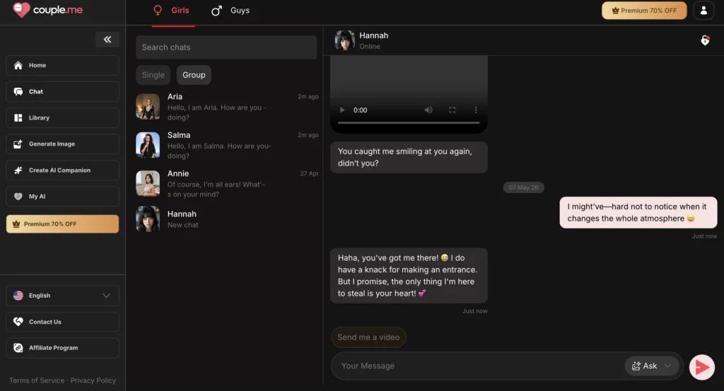 AI relationship chat interface of couple.me showing daily interactions, where couple.me simulates ongoing emotional companionship.