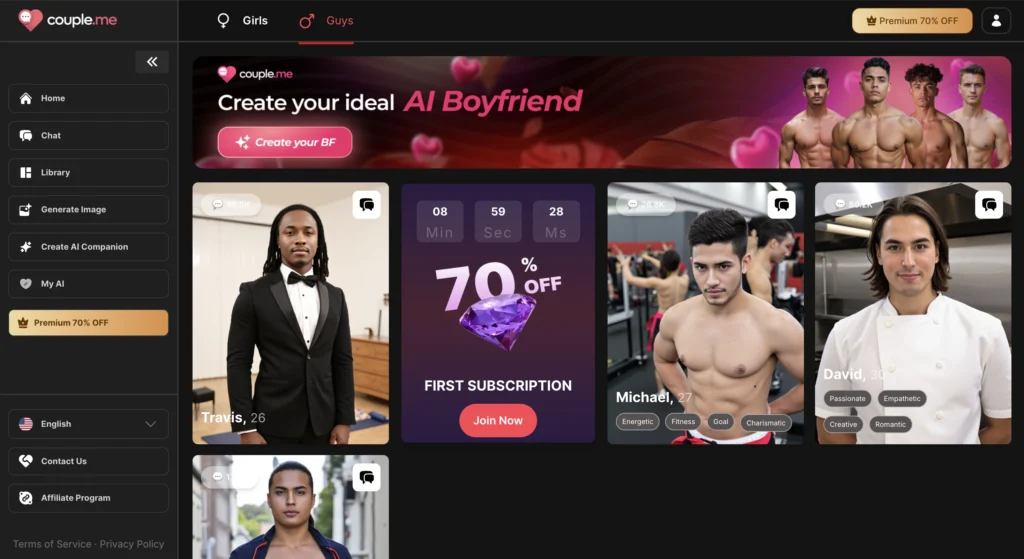 couple.me homepage featuring AI boyfriend companions and relationship simulation interface.