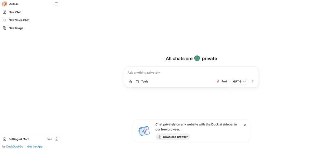 Duck.ai homepage displaying "All chats are private" with GPT-5 model selector and no login wall