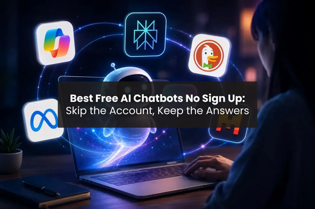 Futuristic illustration of a glowing AI assistant emerging from a laptop screen, surrounded by floating chatbot app icons in a dark neon-blue workspace.