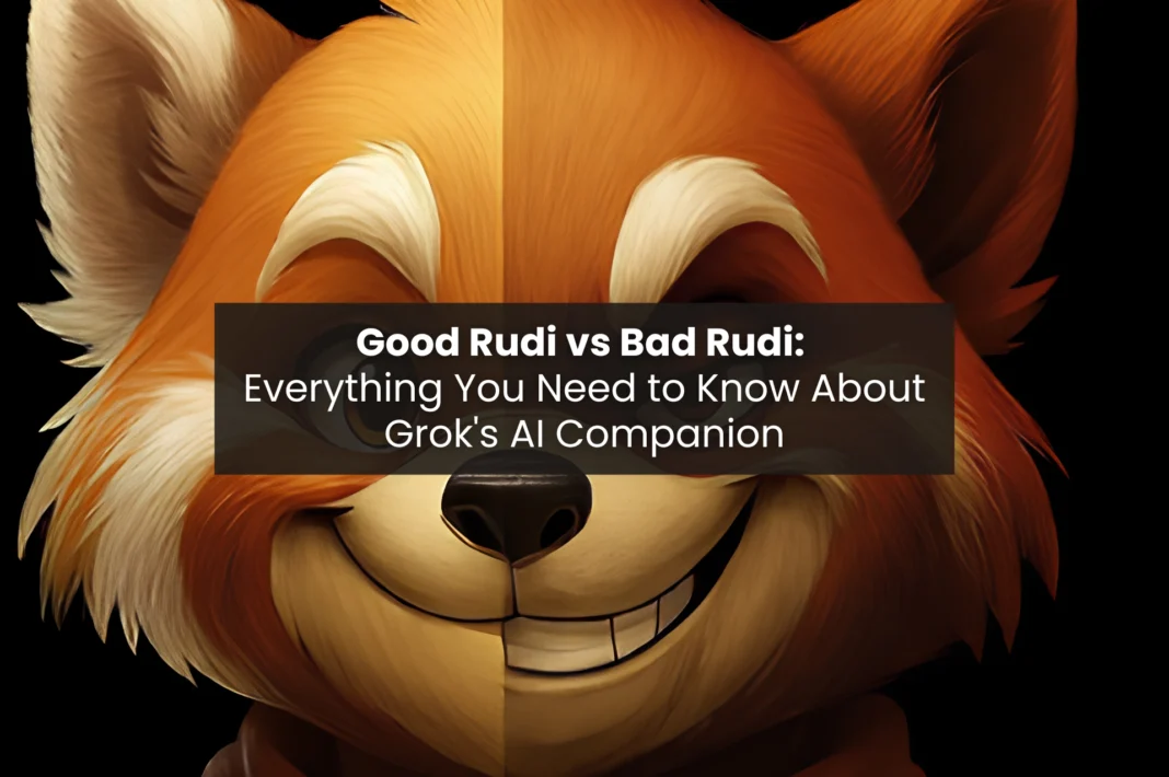 Illustrated close-up of Good Rudi and Bad Rudi, Grok's adult AI companion depicted as a smirking red panda