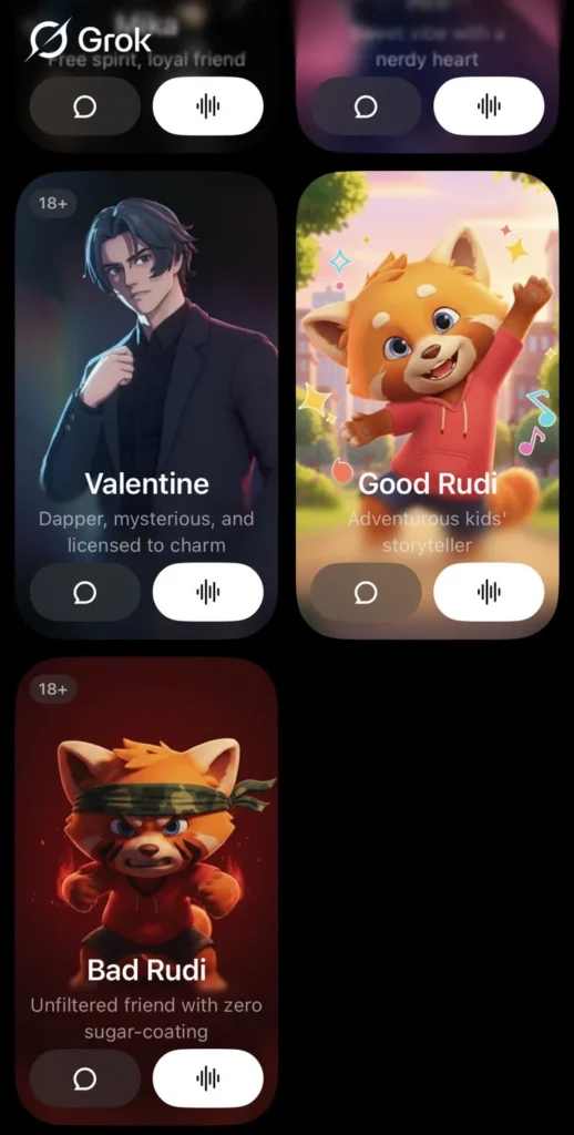 Grok app companions selection screen showing Good Rudi, Bad Rudi, and Valentine with text and voice chat options