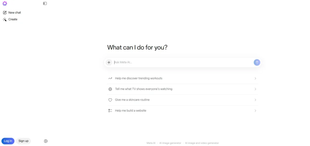 Meta AI homepage with "What can I do for you?" prompt and chat input, login optional