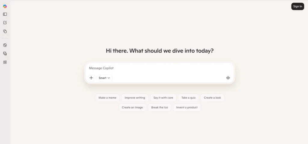 Microsoft Copilot homepage showing message input and Sign in button in top right corner