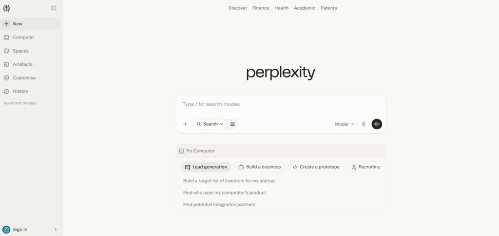 Perplexity AI homepage showing chat interface with no login required