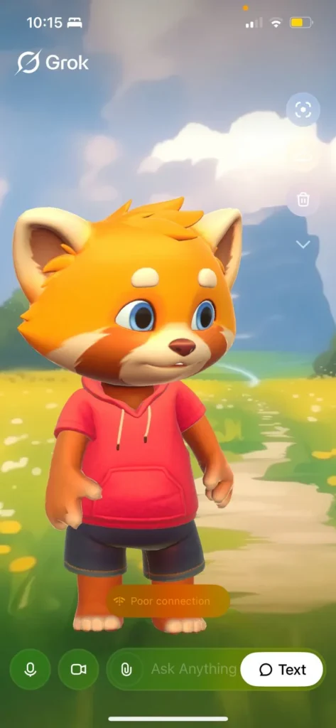 Good Rudi 3D animated red panda character displayed in the Grok iOS app during a voice conversation session