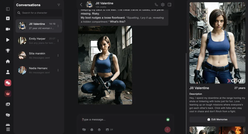 AI companion chat interface of xchar.ai showing interactive roleplay, where xchar.ai delivers evolving AI dating simulator experiences.