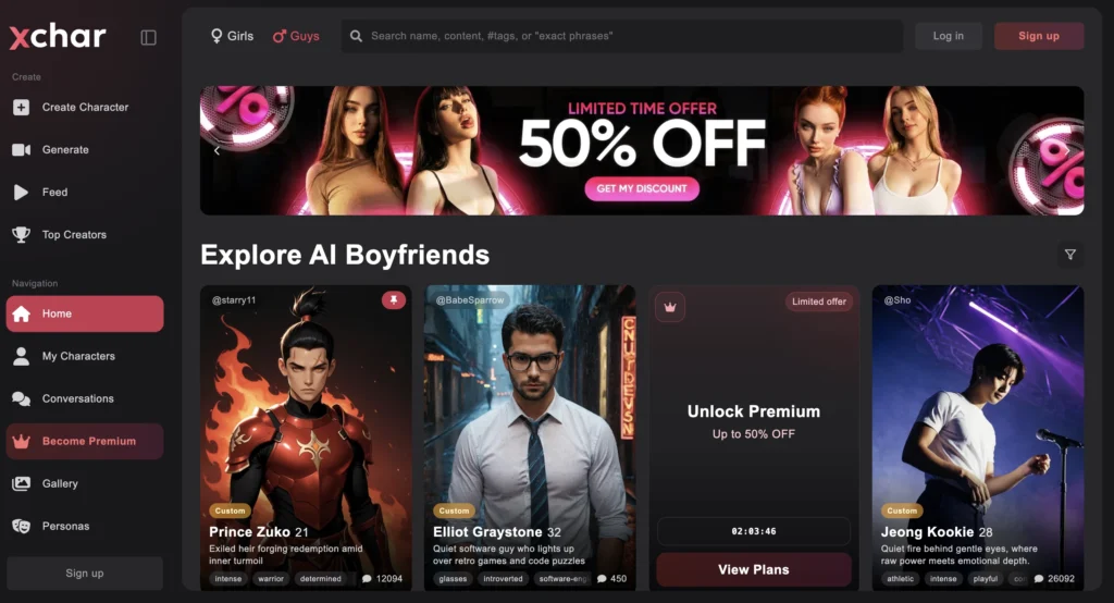 xchar.ai homepage displaying customizable male AI companion characters and fantasy chat features.