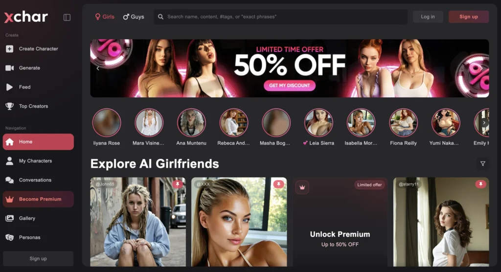 Unfiltered AI roleplay interface where xchar.ai enables fantasy-driven lesbian companion.