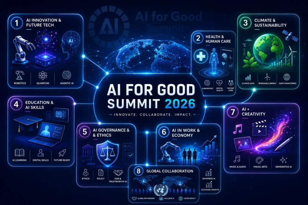 Futuristic AI for Good Summit 2026 infographic featuring a digital globe and interconnected sections on AI innovation, healthcare, sustainability, education, governance, work, creativity, and global collaboration.