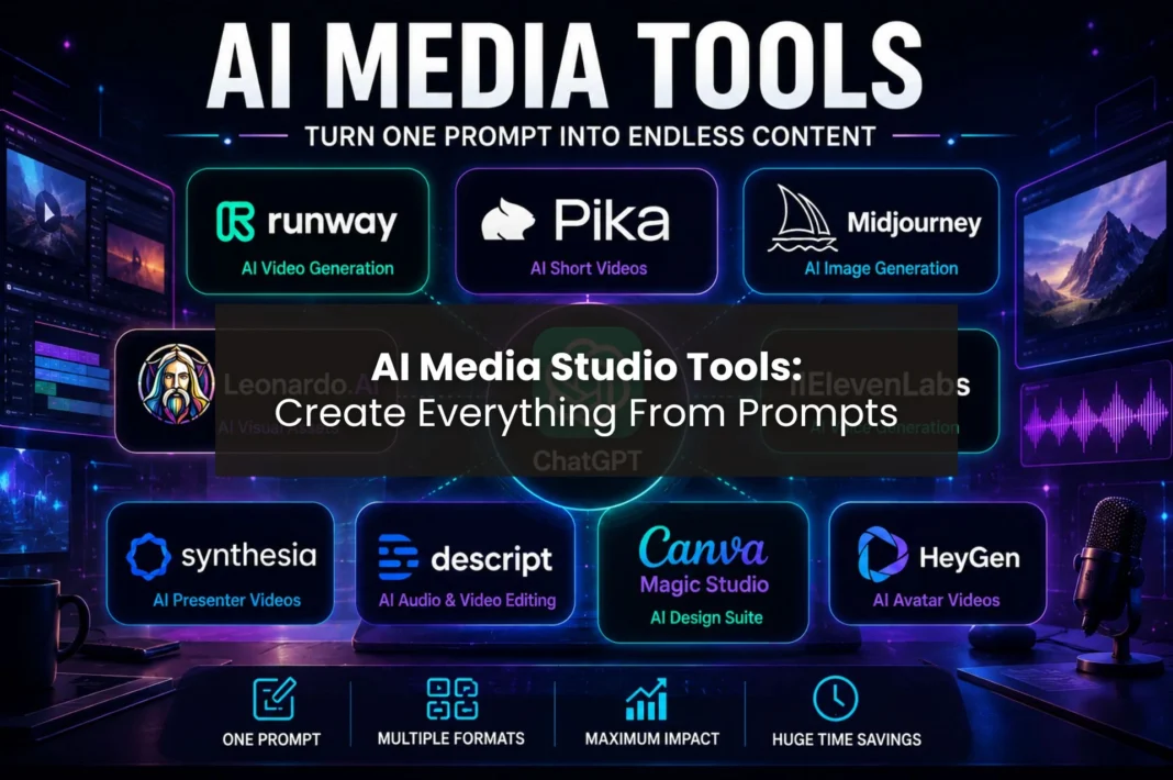AI media tools featured image showcasing ChatGPT, Runway, Pika, Midjourney, Leonardo AI, ElevenLabs, Synthesia, Descript, Canva Magic Studio, and HeyGen in a futuristic AI-powered content creation studio.
