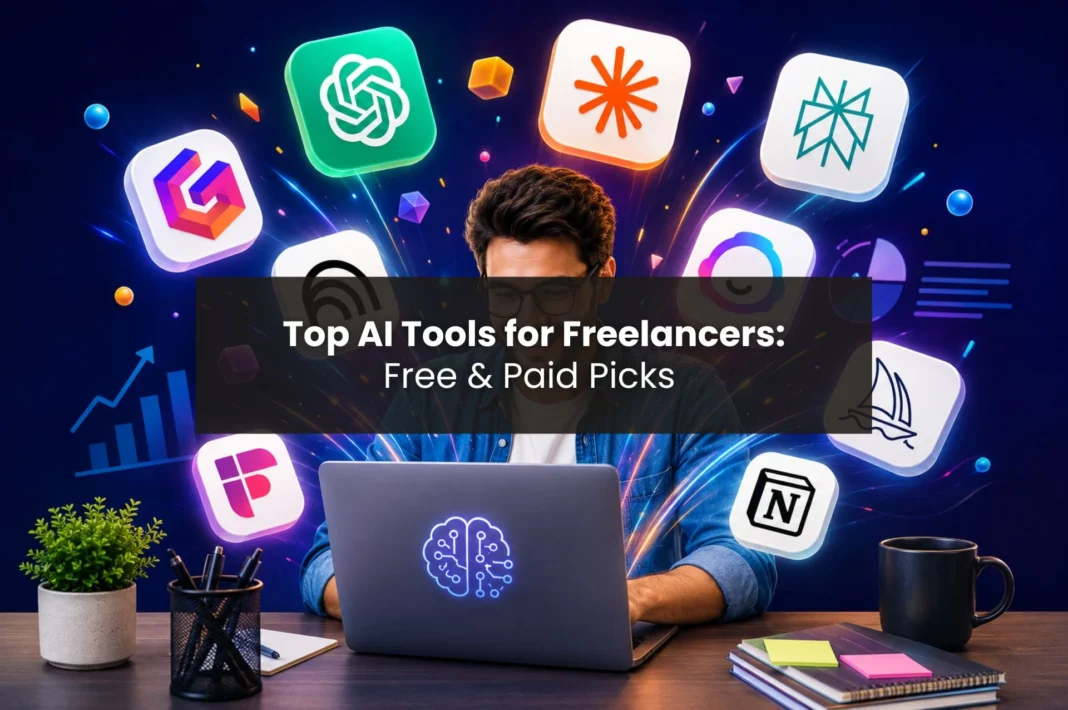 Featured image showing AI tools for freelancers with ChatGPT, Claude, Perplexity, Gamma, NotebookLM, Jasper, Midjourney, Notion AI, Copy.ai, and Fireflies.ai logos floating in the air for a free vs paid AI tools comparison.