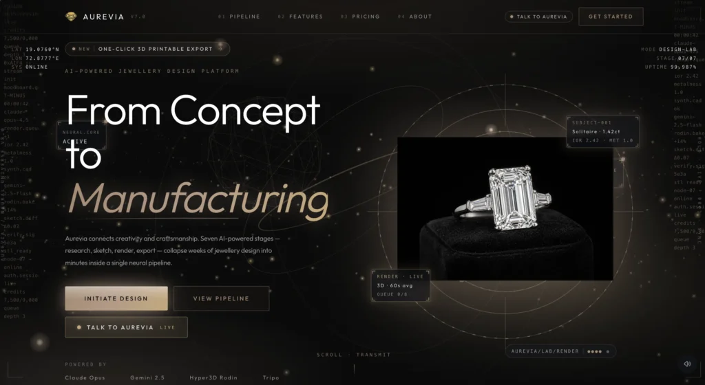Aurevia AI helps designers generate jewelry concepts, creative ideas, and design inspirations using artificial intelligence.