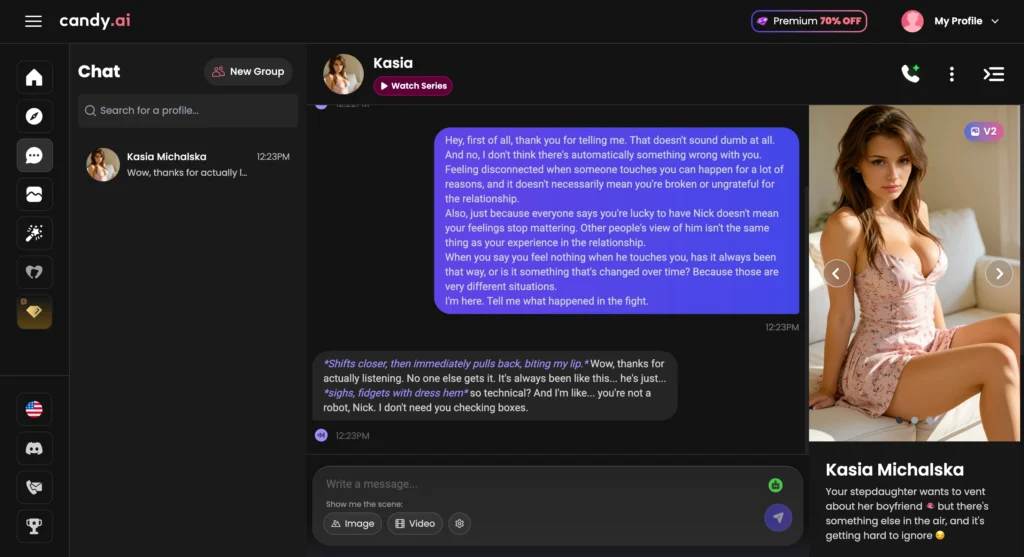 Candy AI chat screen showing a conversation with an AI girlfriend companion.