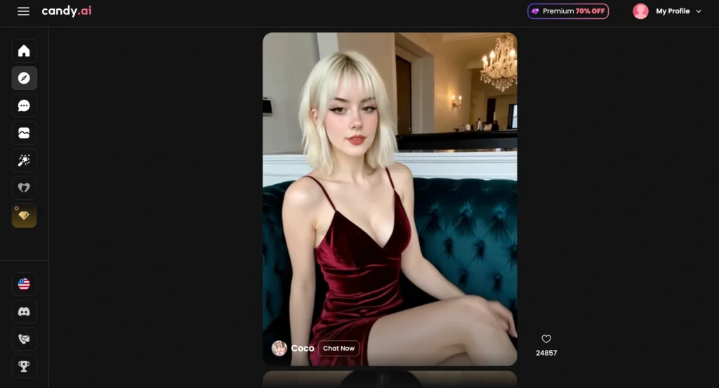 Candy AI Discover tab displaying various AI companion profiles available for chatting and roleplay.