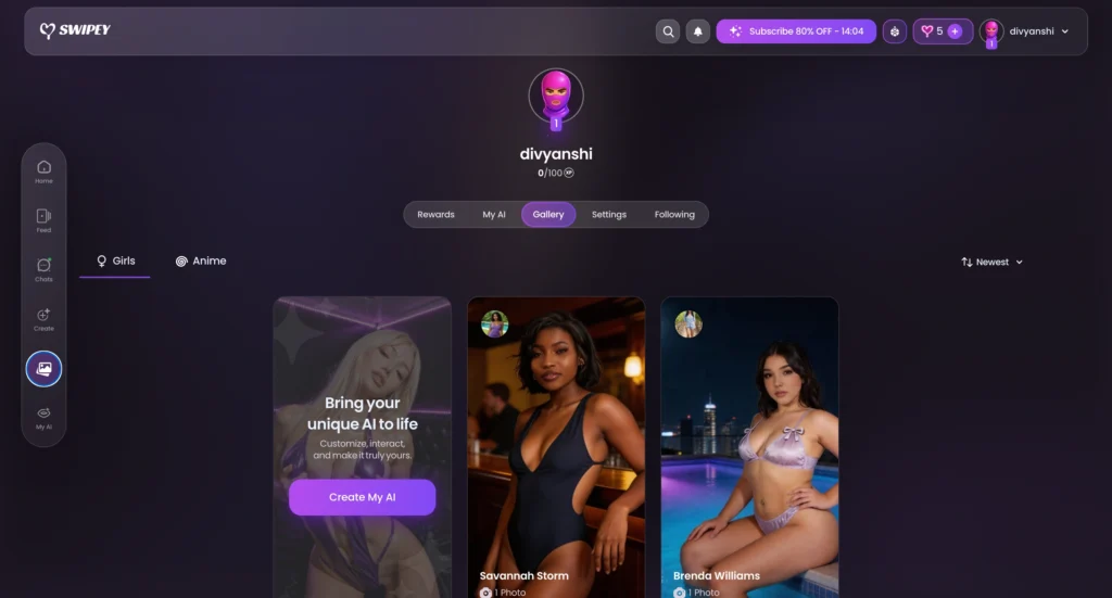 Swipey AI Gallery section displaying AI companion images and generated media.