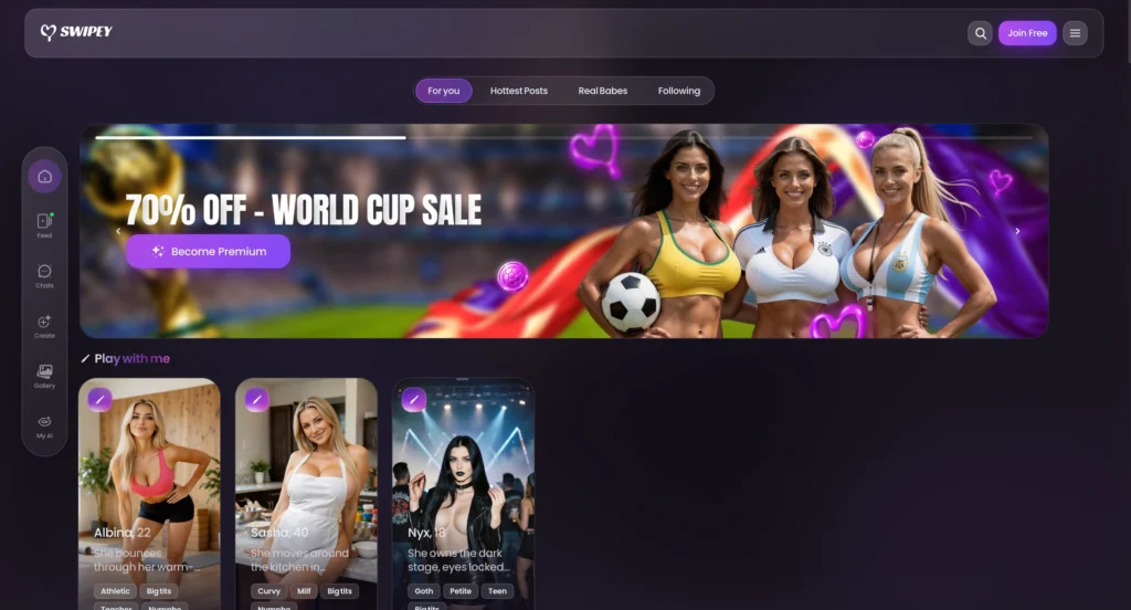 Swipey AI homepage featuring AI companion recommendations, trending profiles, and feed sections.