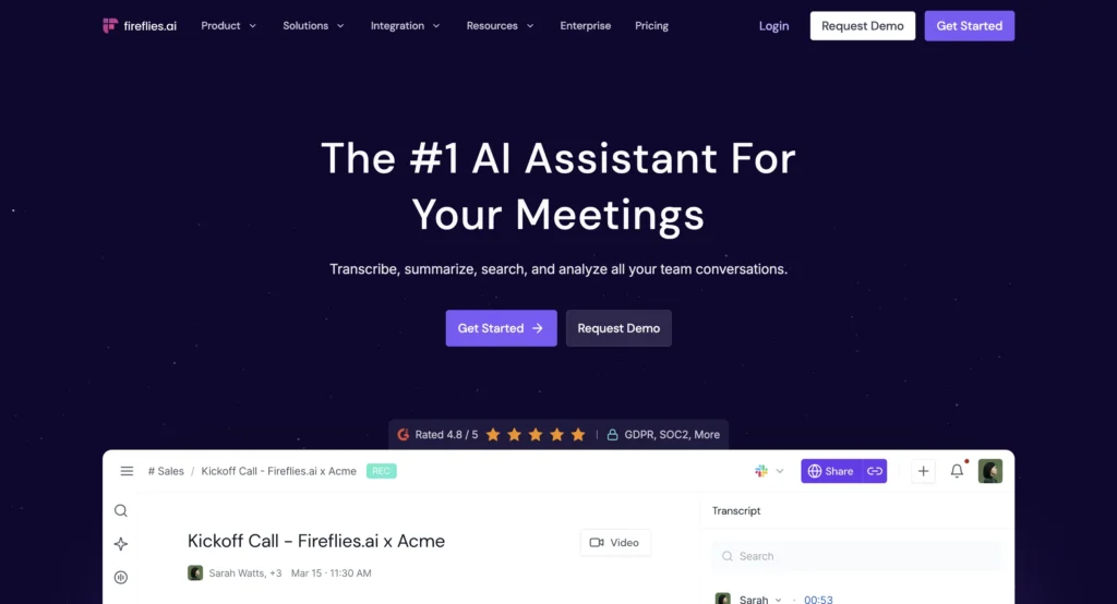 Fireflies.ai meeting assistant displaying AI-generated transcripts, summaries, and meeting notes.