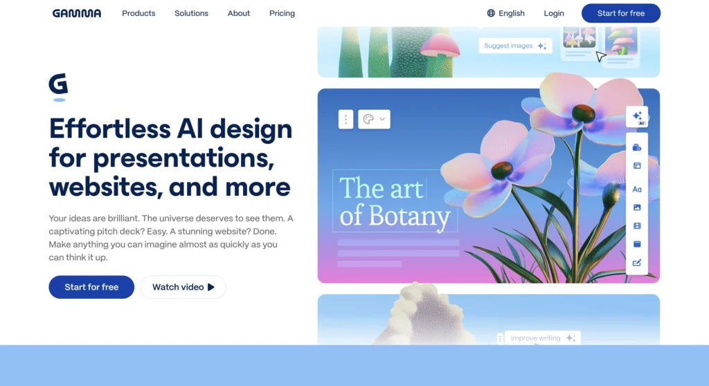 Gamma AI presentation builder generating professional slides, proposals, and pitch decks for freelancers.