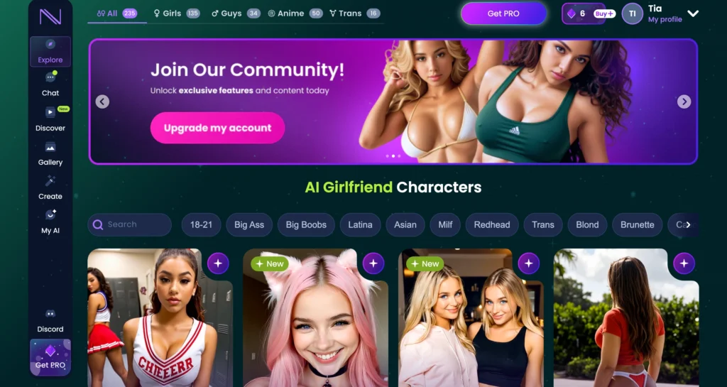 Infatuated AI dashboard displaying a library of AI companion characters with filters for personality, appearance, anime, fantasy, and roleplay categories.