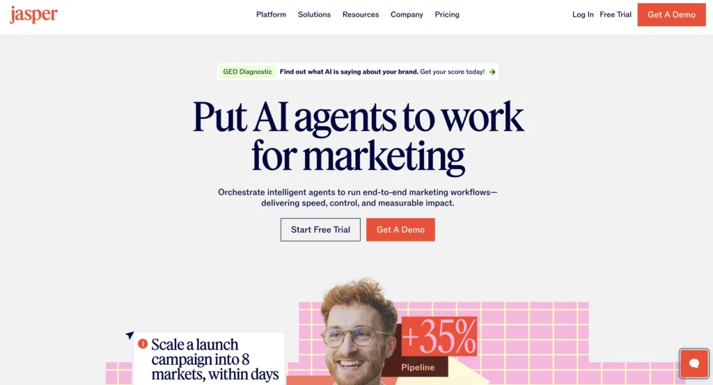 Jasper AI dashboard showcasing marketing content generation and SEO writing tools for freelancers.