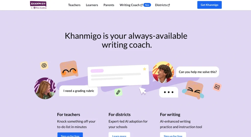 Khanmigo website featuring AI-powered tutoring and personalized learning support.