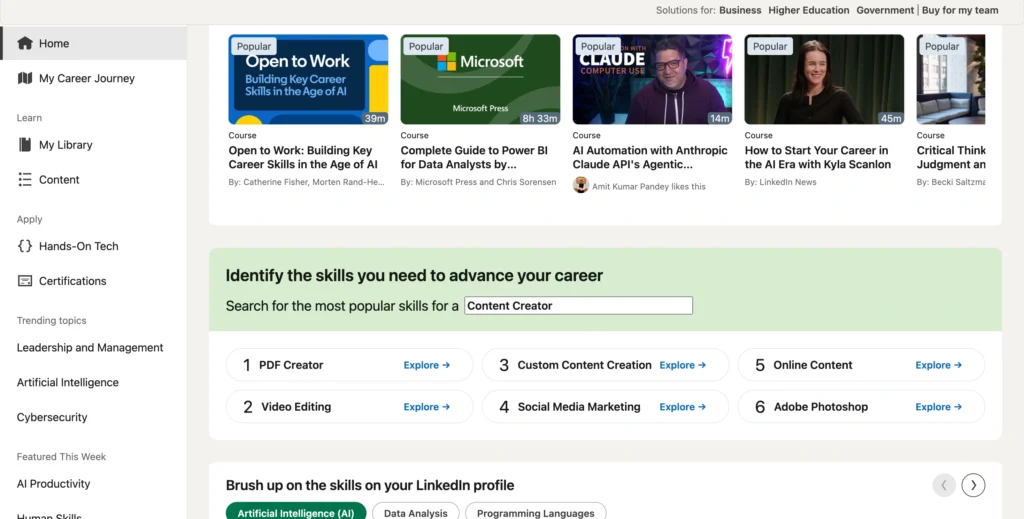 LinkedIn Learning website featuring professional development courses and career learning paths.