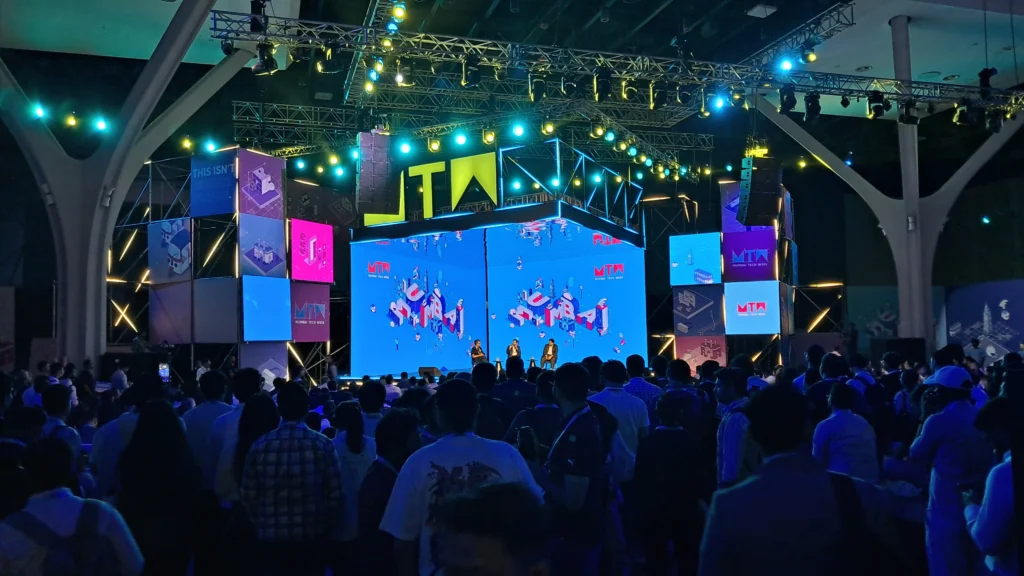 Speakers on the main stage at Mumbai Tech Week 2026 discussing artificial intelligence, startups, technology innovation, and India's digital future.