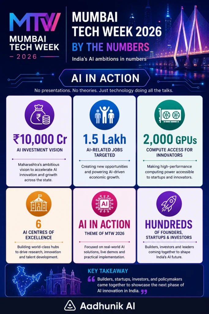 Infographic showing key Mumbai Tech Week 2026 statistics including AI investment plans, job creation targets, GPU infrastructure, and AI innovation initiatives.
