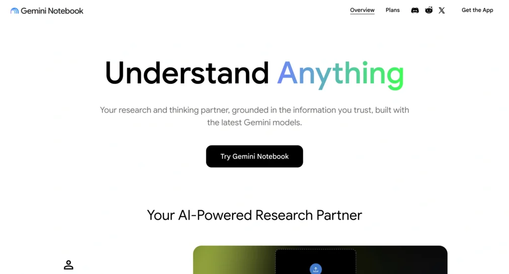 NotebookLM website showing AI-powered study tools, note summaries, and research assistance.