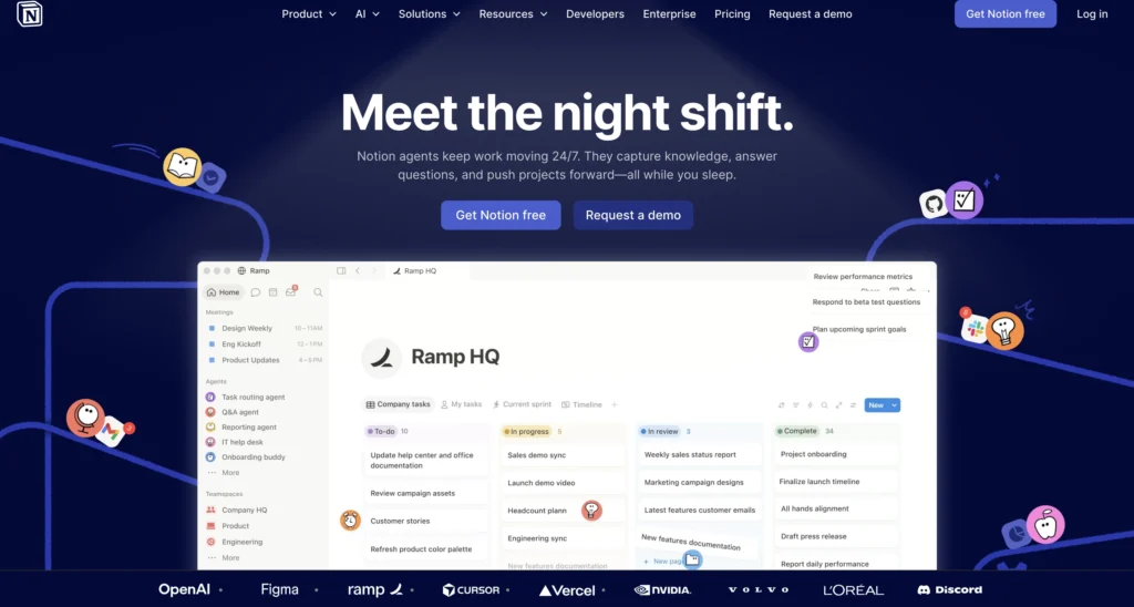 Notion AI workspace featuring task management, document creation, and AI-powered productivity tools.
