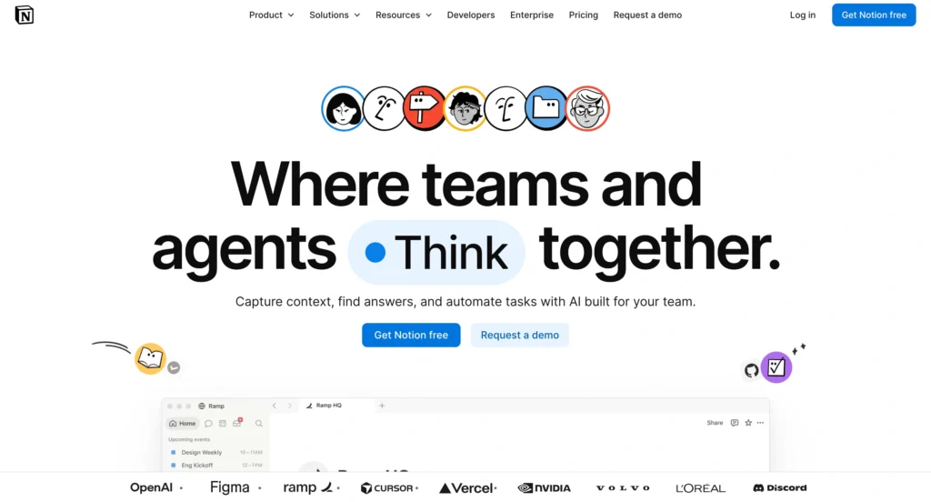 Notion AI website displaying AI-powered note-taking and knowledge management features.