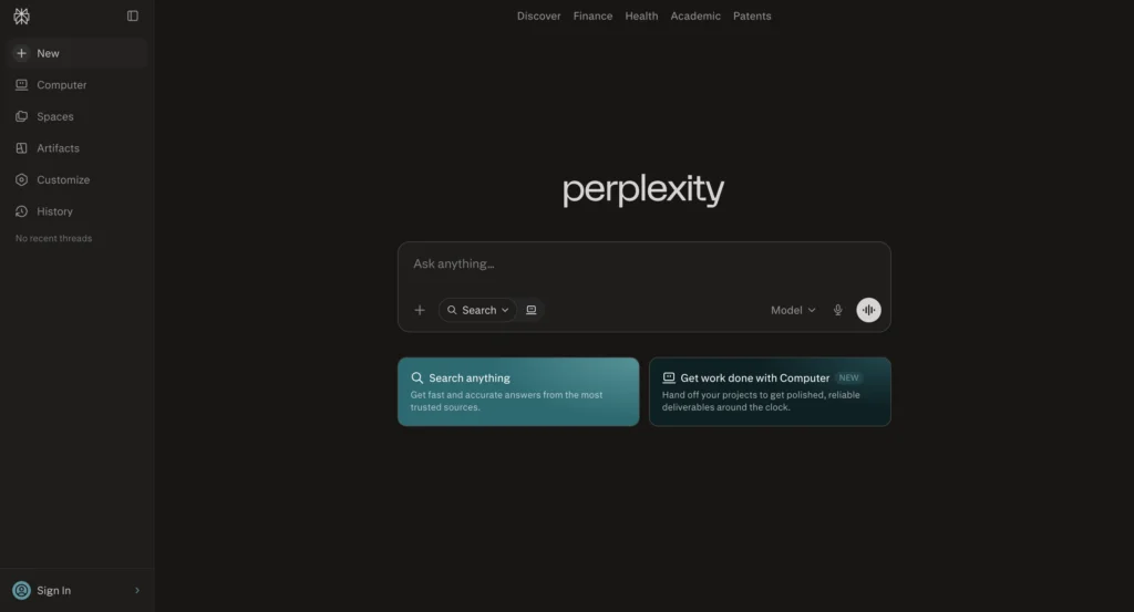 Perplexity AI search interface featuring real-time research, source citations, and fact-checking tools.