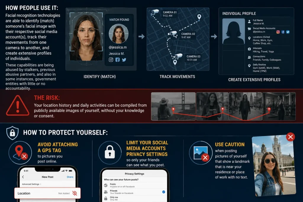 A security camera viewport showing digital bounding boxes and data overlays mapping across people's faces in a public space.