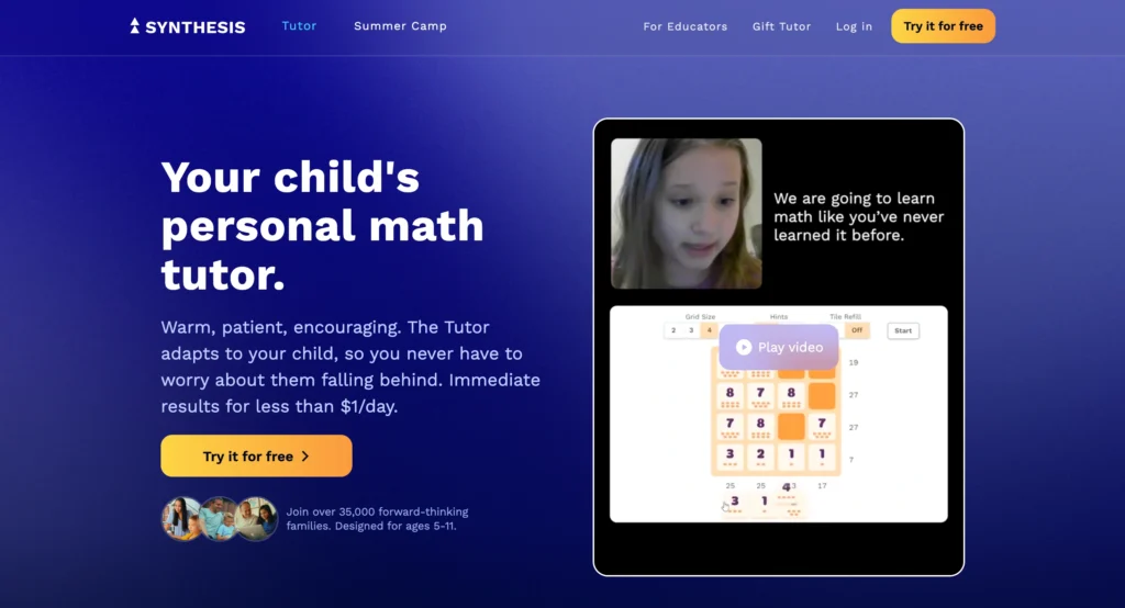 Synthesis website featuring interactive AI learning and problem-solving activities.
