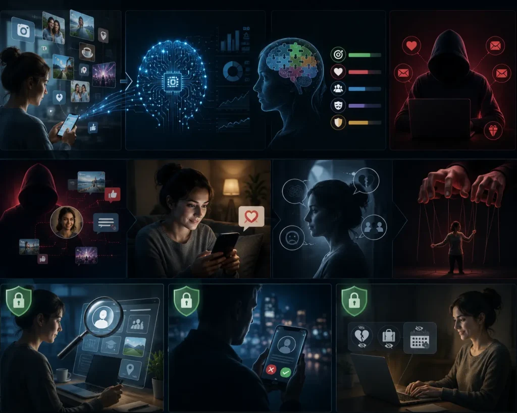 A conceptual digital interface showing a psychological profile diagram connected to various user social media posts and personal data points.