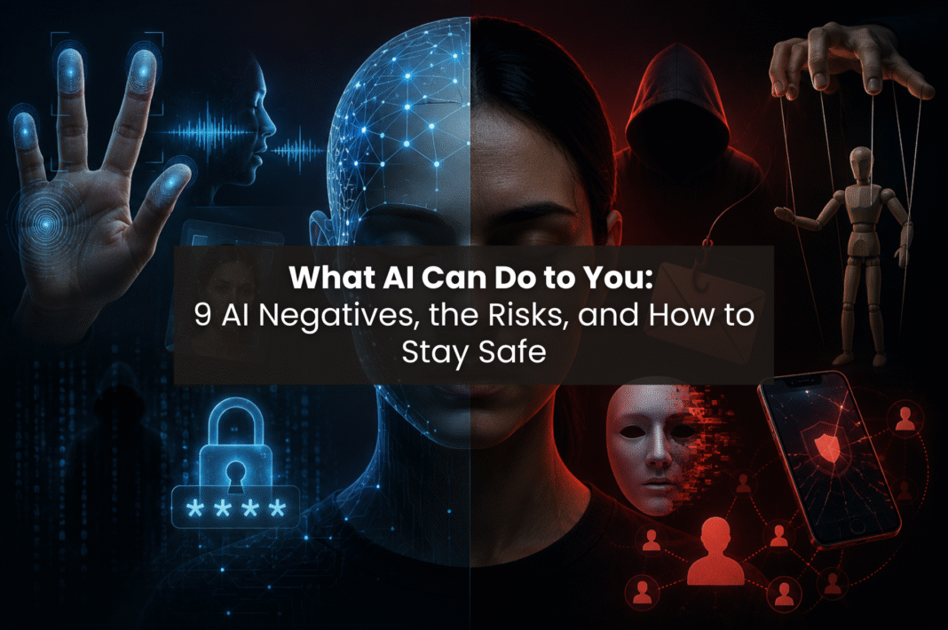 Futuristic illustration of AI dangers including deepfakes, biometric tracking, phishing scams, identity theft, and cybersecurity threats.