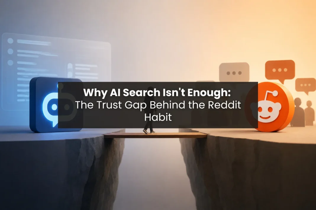 Minimalist illustration of a person crossing a bridge between an AI chatbot icon and a community discussion symbol, representing the trust gap between AI search and human experiences.