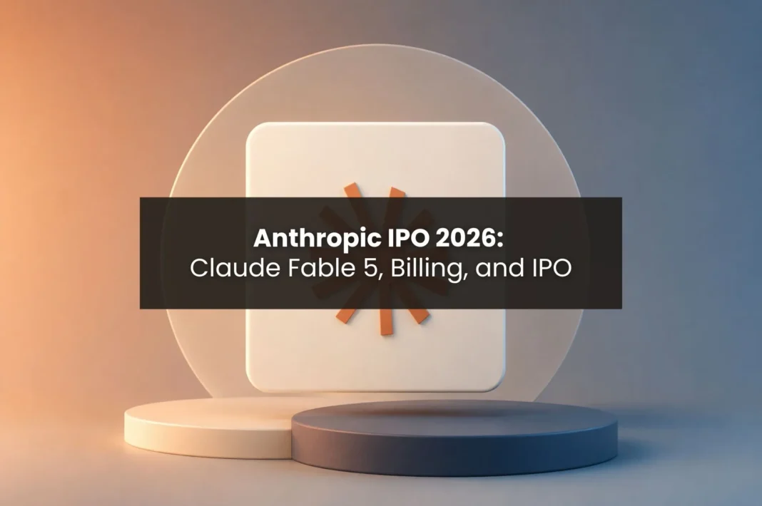 Minimalist 3D illustration of an abstract Anthropic-inspired icon on a pedestal with a warm orange and cool blue gradient background, symbolizing the company's 2026 IPO and AI developments.