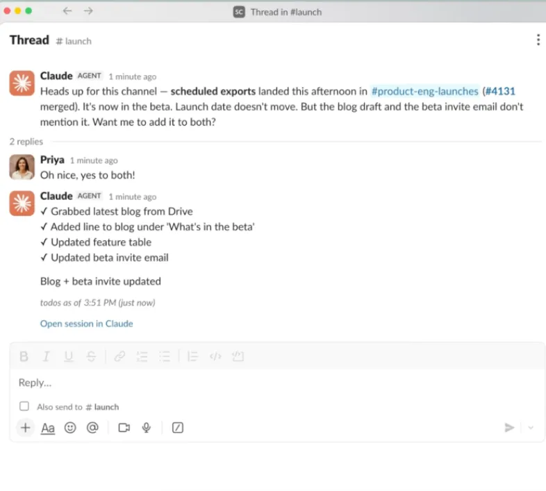 Claude Tag AI agent in Slack thread proactively updating team about scheduled exports feature launch
