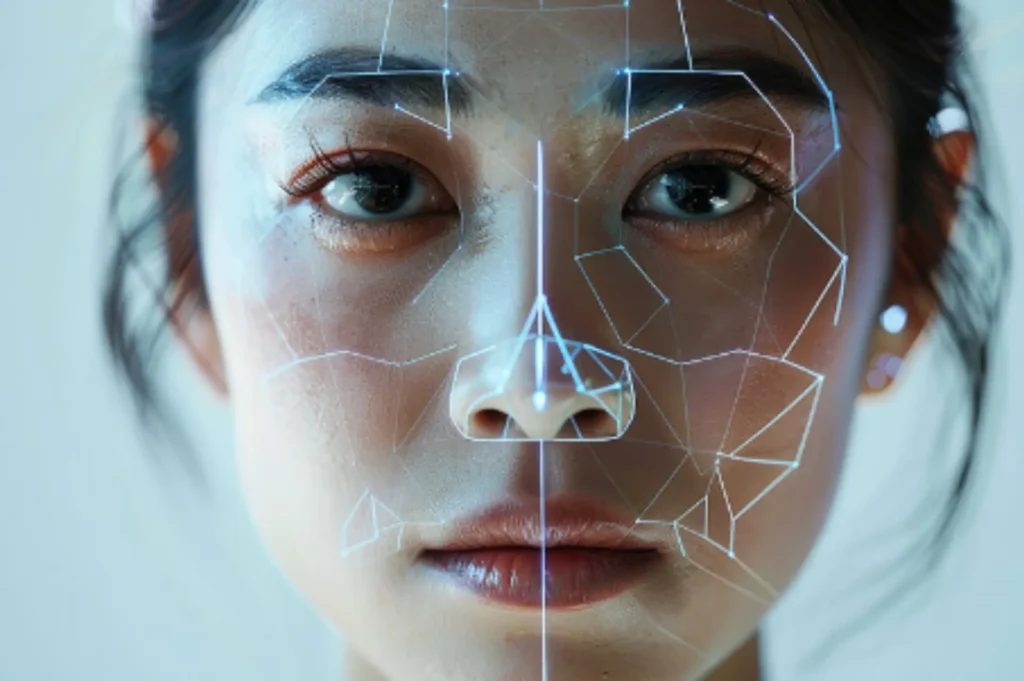 Split screen showing a real person's face being digitally replaced and manipulated onto another body using deepfake AI technology.