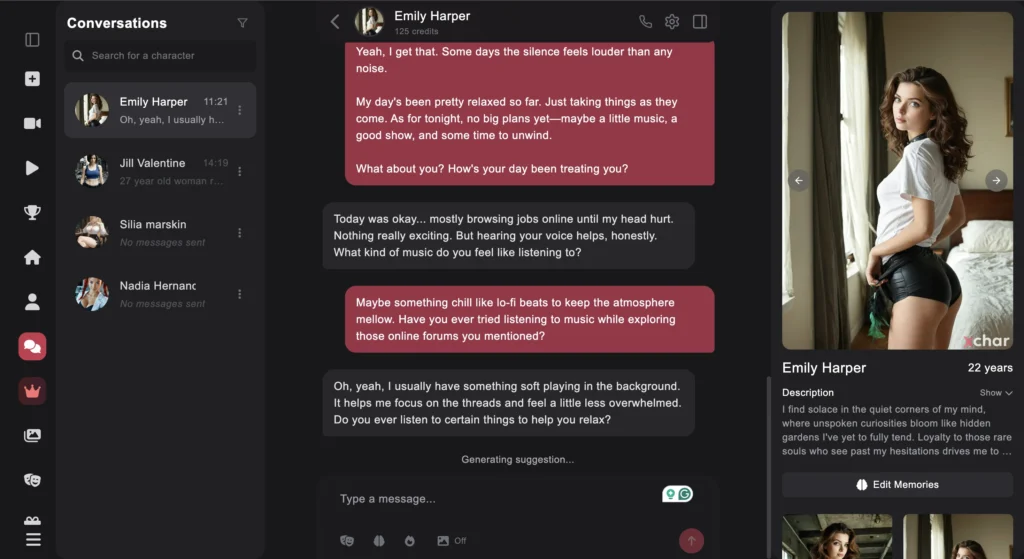 AI companion chat interface on xchar.ai showing an ongoing conversation.