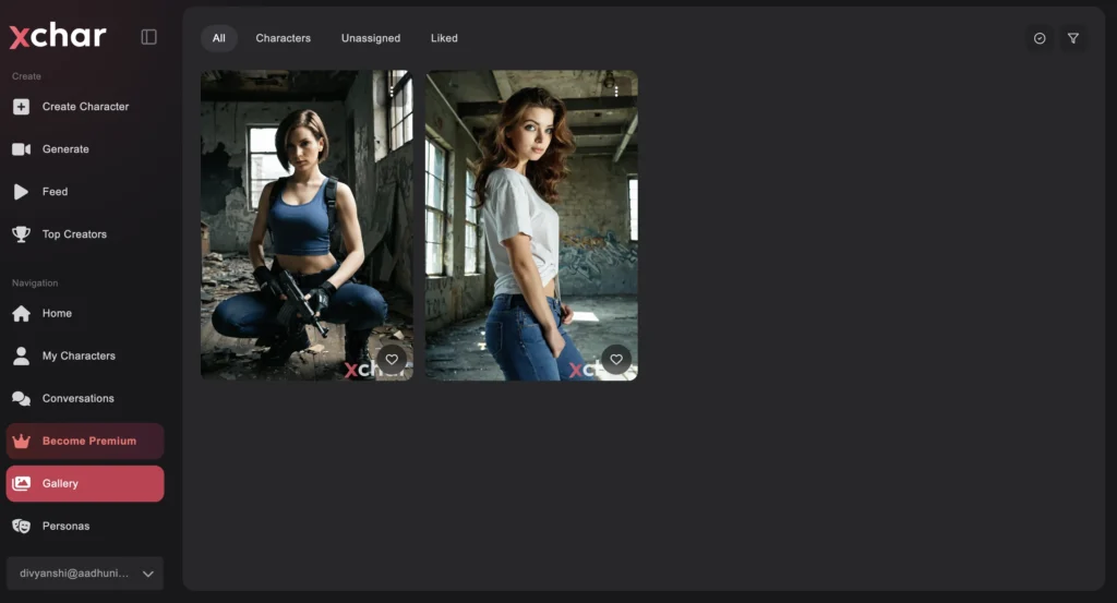 xchar.ai character gallery showing AI companions.