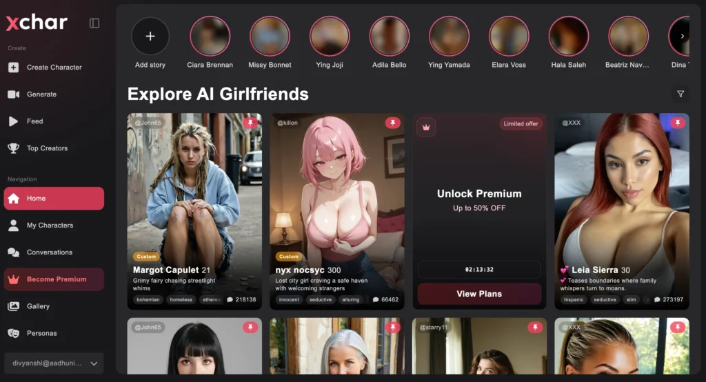 Girls category on xchar.ai featuring customizable AI companion characters.