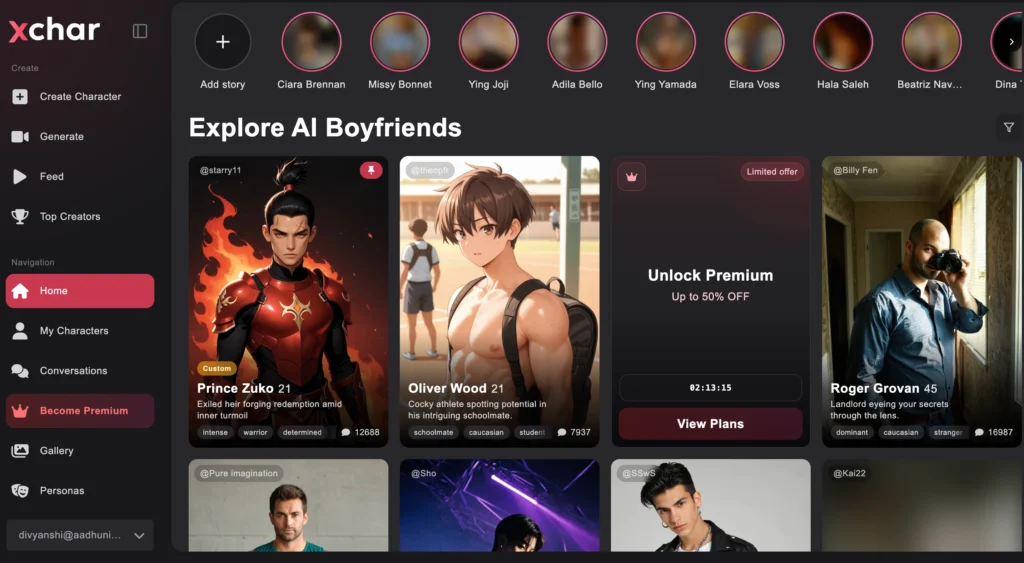 Male AI companion characters available in the Guys section on xchar.ai.