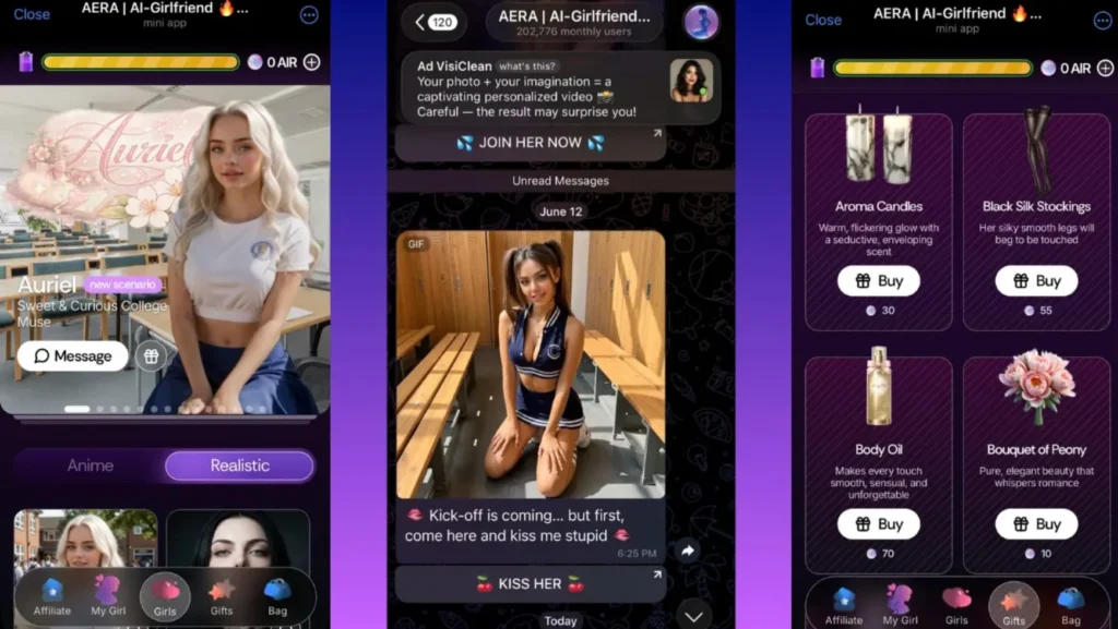 Screenshot of AERA Telegram AI chatbot showing immersive roleplay conversations and AI companion features.