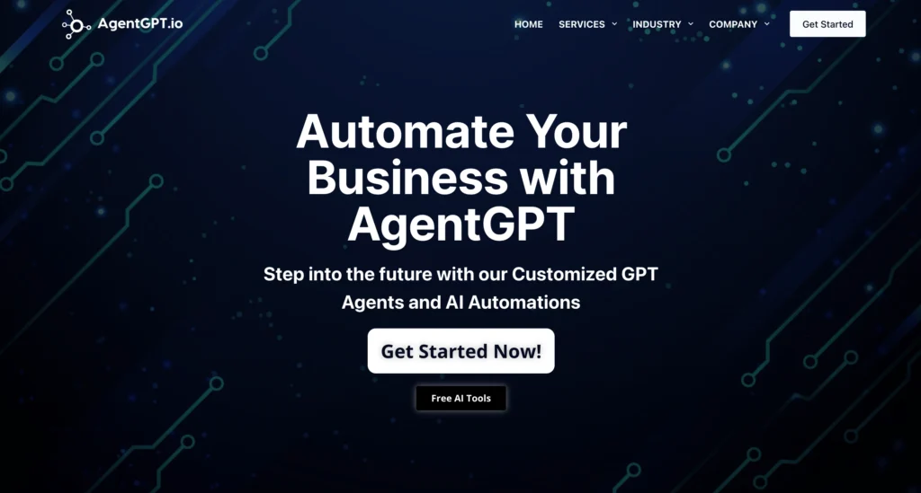 AgentGPT homepage showcasing browser-based AI agents as an alternative to AutoGPT.
