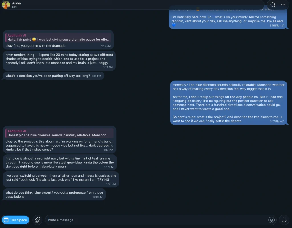 Screenshot of Just Aisha AI chat.